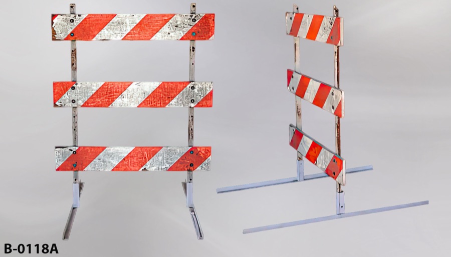 Barricade, 3 bar, orange/white, w/ (2) removable metal feet, 48"w x, stock number B-0118A