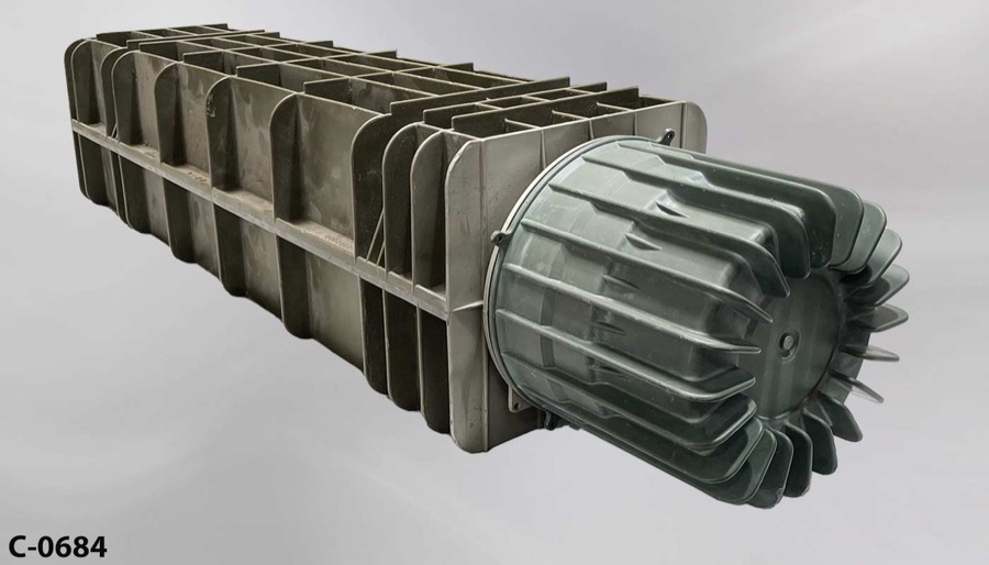 Container, cannon propellant charge, plastic light gray body w/ dark, stock number C-0684