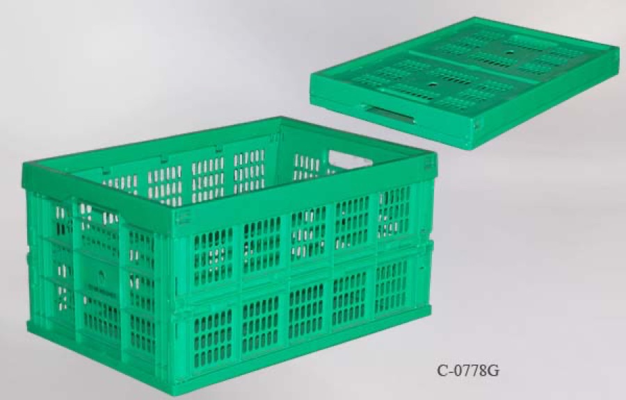 Crate, plastic, collapsible, green, 21"w x 14"d x 10"t, stock number C-0778G