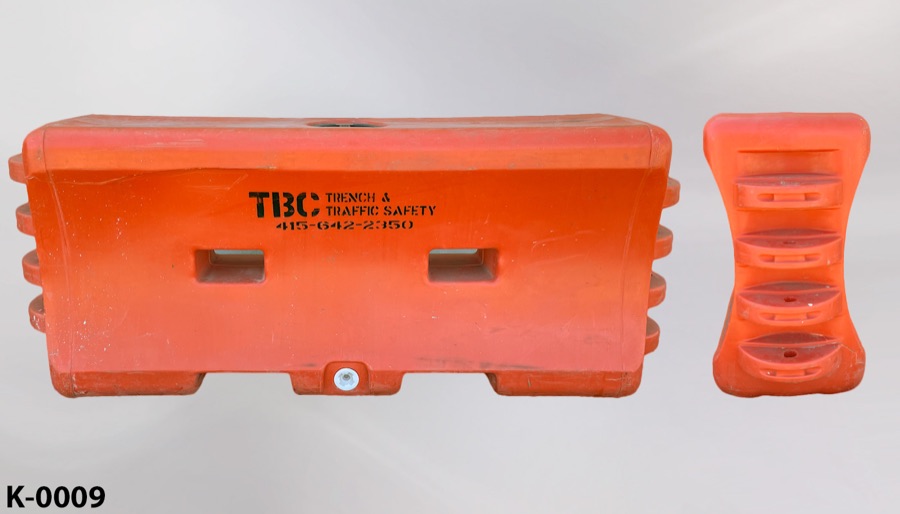 K-rail, freeway divider/water wall, orange plastic, 76"wx18"dx32"t, stock number K-0009
