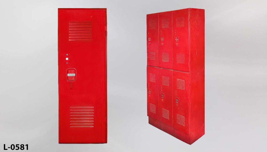 Locker, 2 tier, RED, flat top, curved edges, fire/equipment locker, stock number L-0581