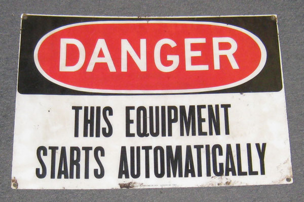 Sign-Danger this equipment starts automatically, stock number S-0090