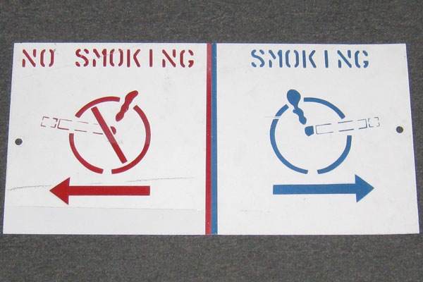 Sign-No Smoking<----- l Smoking ----> w/ 2 international no smoking symbols, stock number S-1049