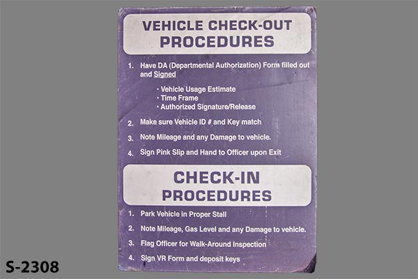 Sign-Vehicle Check-Out Procedures / Vehicle Check-In Procedures, stock number S-2308