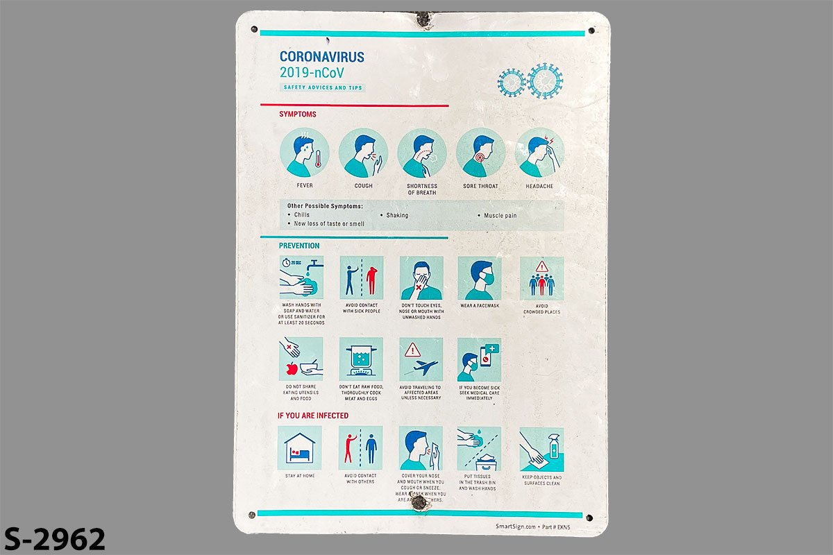 Sign "Coronavirus 2019-nCoV Safety Advice & Tips" shows symptoms, stock number S-2962