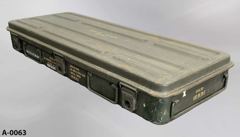 Ammo Crate, metal, green, w/ 2 handles, 48"w x 18"d x 6"t, stock number A-0063