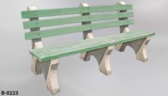 Bench, park style, green slatted wood seat & back, w/ mock concrete, stock number B-0223