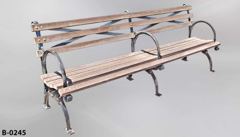 Bench, park style, brown slatted wood back & seat, w/ metal legs, stock number B-0245