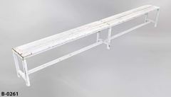 Bench, wood, w/o back, w/ 2 plank seat top and metal legs, 120"w x, stock number B-0261