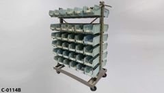 Cart, Parts, w/ (72) light blue plastic bins, filled w/ various, stock number C-0114b