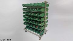 Cart, Parts, w/ (82) green plastic bins, filled w/ various parts, stock number C-0114gb