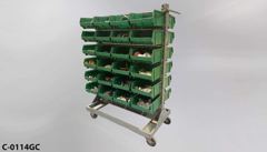 Cart, Parts, w/ (48) green plastic bins, filled w/ various parts, stock number C-0114gc