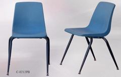Chair, metal frame, blue molded plastic seat/back, stackable, stock number C-0212pb