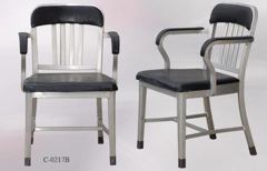 Chair, aluminum frame, slatback, black vinyl seat/back, w/ black arms, stock number C-0217b