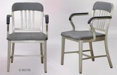 Chair, aluminum frame, slatback, grey vinyl seat/back, w/ black arms, stock number C-0217g