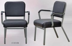 Chair, metal frame, black vinyl seat/back, w/ black arms, stock number C-0232b