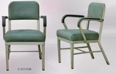 Chair, metal frame, pale green vinyl seat/back, w/ black arms, stock number C-0232gb