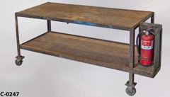 Cart/table, utility, wood w/ steel frame, 2 tier w/ fire extinguisher, stock number C-0247