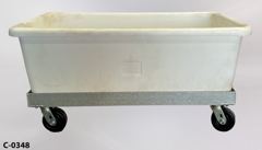 Container/Bin, white plastic on castered metal frame, 46"wx26"dx23"t, stock number C-0348