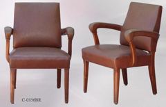 Chair, wood frame, brown leather seat/back, brown arms, stock number C-0356br