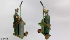 Welder's cart 18"wx41"t, dressed w/ 2 small tanks (31"t green & 23"t, stock number C-0451