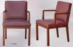 Chair, wood frame, brown leather seat/back, wood arms, stock number C-0483