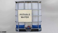 Container, liquid storage, 275 gallon, white plastic, blue lining, stock number C-0489