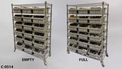 Cart, Parts, metro, (7) shelves, w/ (18) 7"w x 14"d x 11"t grey parts, stock number C-0514