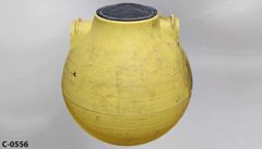 Container, liquid storage, 300 gallon, yellow plastic, ball shaped, stock number C-0556