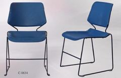 Chair, metal frame, blue molded plastic seat/back, stackable, stock number C-0634