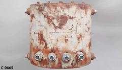 Container, liquid storage, 1400 gallon, aged/rusty, plastic, round, stock number C-0665