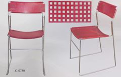 Chair, metal frame, red metal "netting" seat/back, stock number C-0730