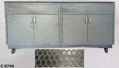 Counter/Cabinet w/ 4 doors on casters, grey metal body, black top, stock number C-0744