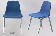Chair, chrome frame, blue molded plastic seat/back, stackable, stock number C-0809