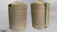 Container, liquid storage, 420 gallon, light brown plastic, w/ screw, stock number C-0883