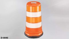 Delineator, traffic, drum style, orange w/ white reflective tape, stock number D-0040