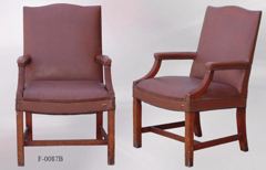Chair, wood frame, brown leather seat/back, brown arms, stock number F-0087b