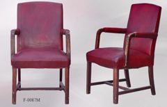 Chair, wood frame, maroon leather seat/back, maroon arms, stock number F-0087m