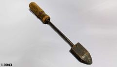 Soldering iron w/ wood handle, 2"x1"x3" iron tip, 14"l, stock number I-0043