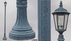 Light, street lamp, on deco post, period, w/ 3 mini bulbs and 6 panes, stock number L-0008