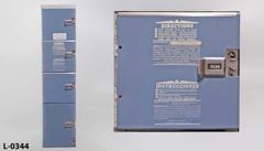 Locker, coin-op, 4 tier, light grey, w/ blue doors, 16"w x 31"d x 71"t, stock number L-0344