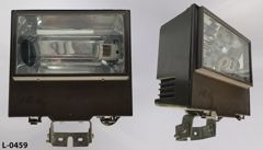Light, flood, exterior, brown metal box, w/ glass lens and mounting, stock number L-0459