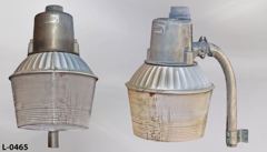 Light, street lamp, wall mount, w/ plastic round shade, stepdown, stock number L-0465