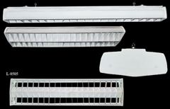 Light, 4' fluorescent, eggcrate, white metal w/ metal side panel, stock number L-0505