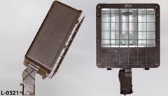 Light, flood, exterior, brown box, w/ glass lens, metal guard/cage, stock number L-0521