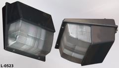 Light, wall mount, exterior, dark brown box w/ angled lens cover, stock number L-0523