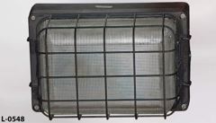 Light, wall mount, black metal box with glass globe, wire cage, stock number L-0548