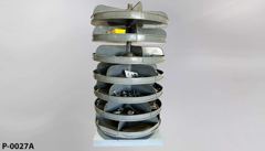 Parts carousel, floor stand, grey metal, on wooden castered base, 7, stock number P-0027a