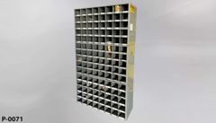 Parts organizer, 120 cubby holes, grey metal, 35½"w x 12"d x 65"t, stock number P-0071
