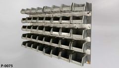 Parts organizer, 40 grey bins(4"w x 5"d x 3"t), on wood back, wall, stock number P-0075